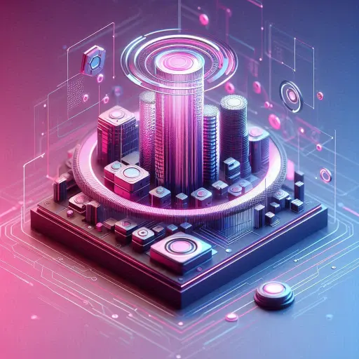 An abstract representation of elements of a system design featuring a tower made of computer circuitries in pink and blue tones.