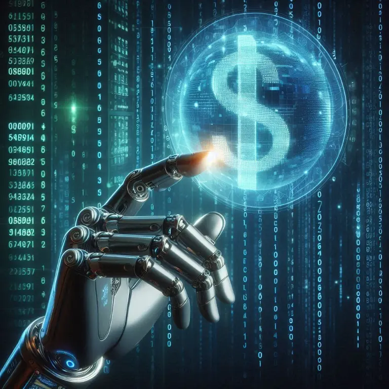A robotic humanoid hand pointing to a floating dollar sign icon showing artificial intelligence automation for pricing.