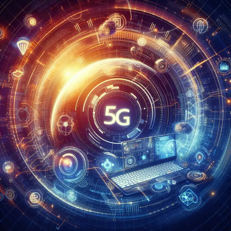 A graphic of 5G surrounding by floating icons showing 5g connectivity handled by an iot company in Malaysia.