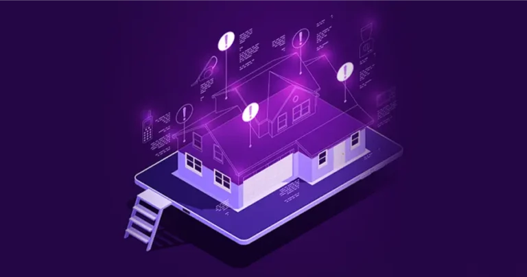 A purple house with floating digital grids to show how an iot company in malaysia are changing web development.