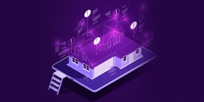 A purple house with floating digital grids to show how an iot company in malaysia are changing web development.