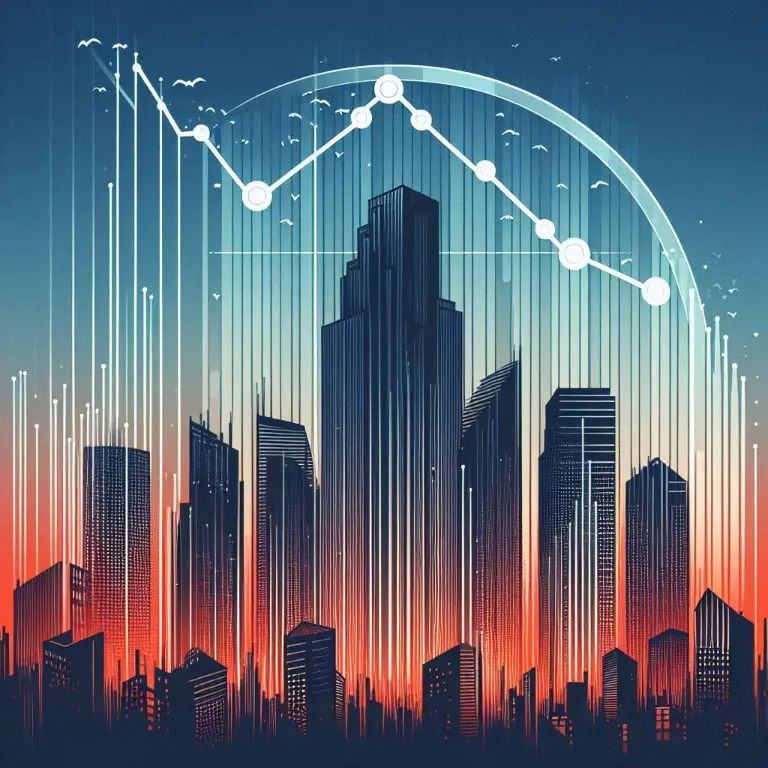 Skyscrapers and buildings with a floating downwards sloping graph showing a declining business reputation.