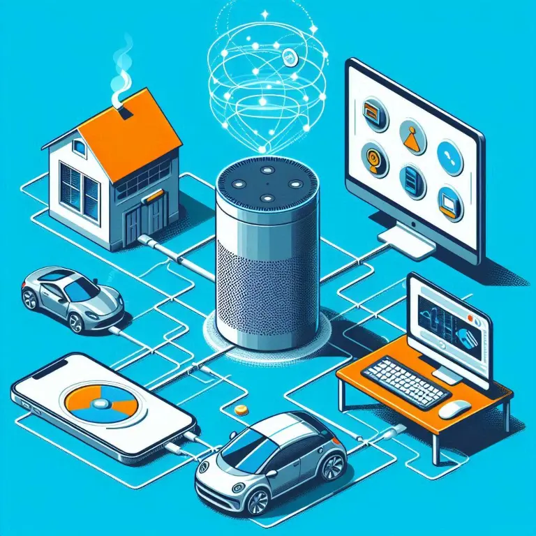 Various electronic devices like smart cars and phones connected to a smart home hub symbolizing the state of IoT in Malaysia.