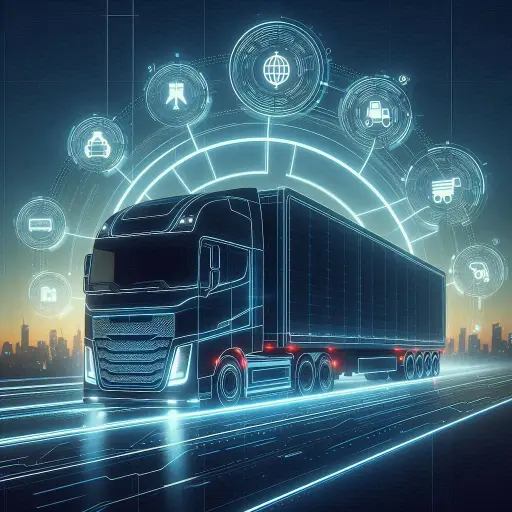 A futuristic 18-wheeler truck with icons floating overhead symbolising the future of fleet management system.