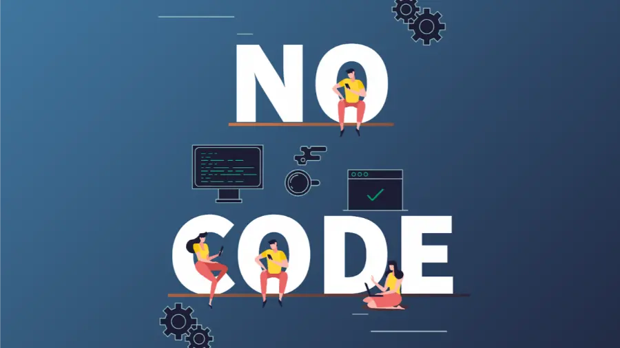 Big bold text in all caps reads 'NO CODE' with people sitting inside the alphabets referring to no-code platforms for website development in Malaysia.
