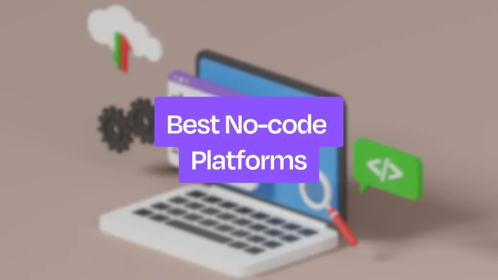 An isometric laptop with various productivity icons with a text box that says 'Best No-code Platforms' for website development in Malaysia.