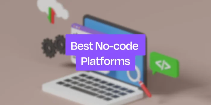 An isometric laptop with various productivity icons with a text box that says 'Best No-code Platforms' for website development in Malaysia.