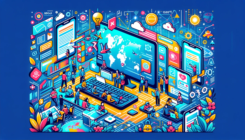 An isometric graphic of a computer with tiny people surrounding it representing the work of an app developer in Malaysia.