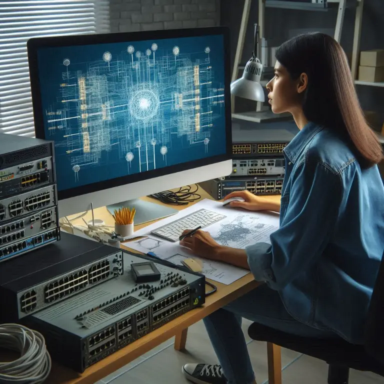 A computer network architect engineer with stacks of network servers on her desk as one of the examples of software engineer jobs.
