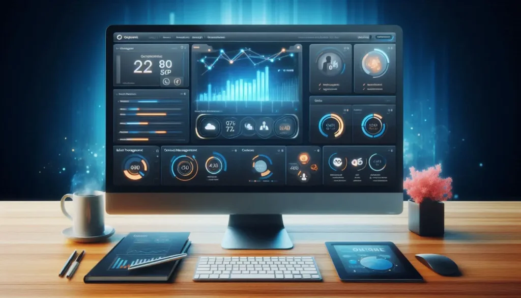 A sleek modern interface of a custom CRM development services dashboard displayed on a computer screen, showcasing key features and vibrant data visuals.