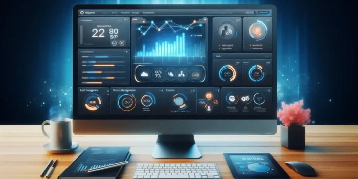 A sleek modern interface of a custom CRM development services dashboard displayed on a computer screen, showcasing key features and vibrant data visuals.