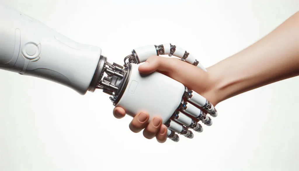 A white robotic hand shaking hands with a human hand symbolizing custom CRM development.