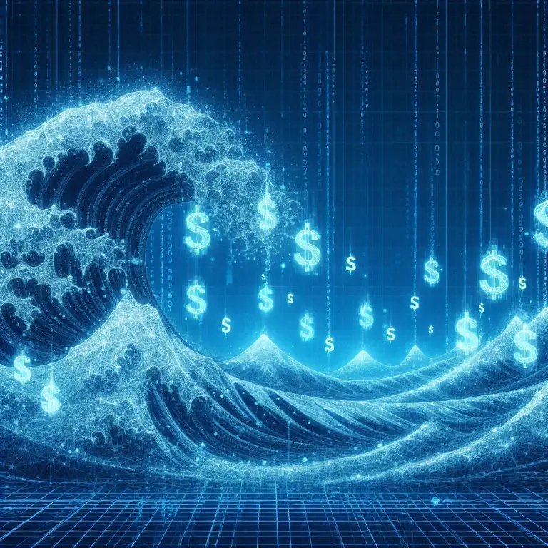 A digitised Hokusai-esque tidal wave with dollar sign icons denoting pricing of a web development agency in Malaysia.