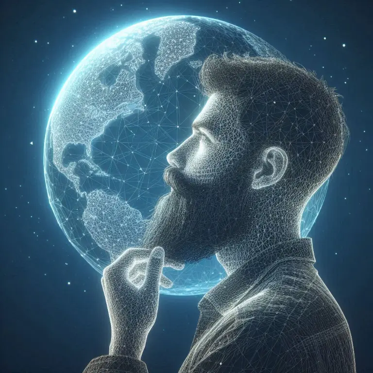 A bearded man posing in front of a blue globe to signify  an experienced web development agency in Malaysia.