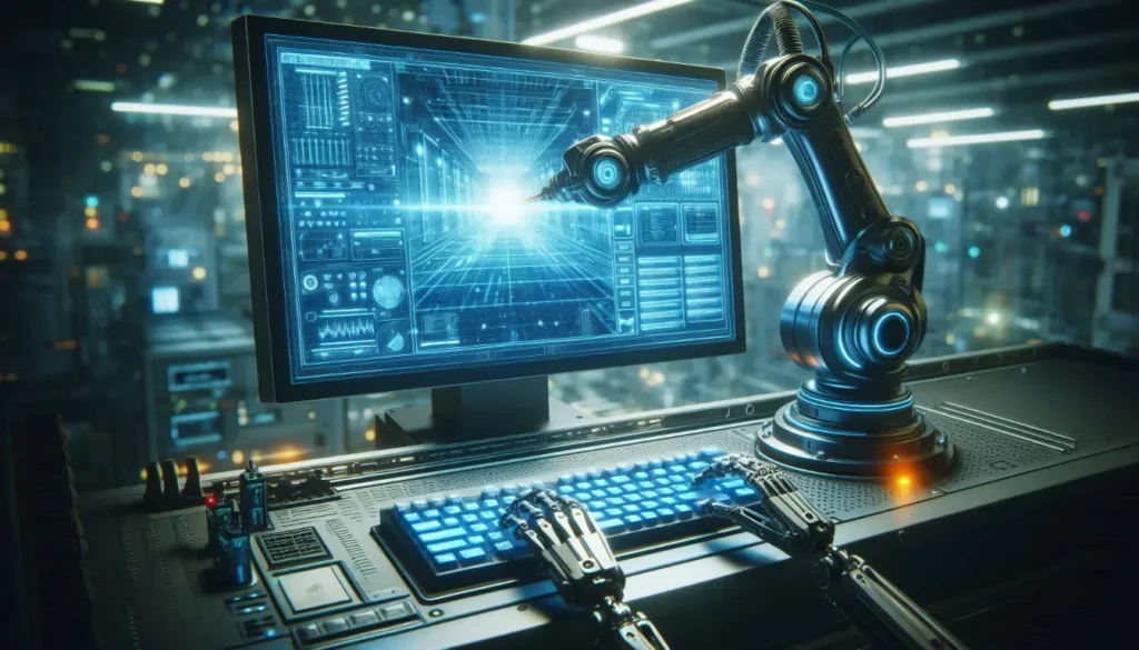 An industrial arm and a robotic arm automating tasks on a computer symbolizing task automation possible with custom CRM development. 